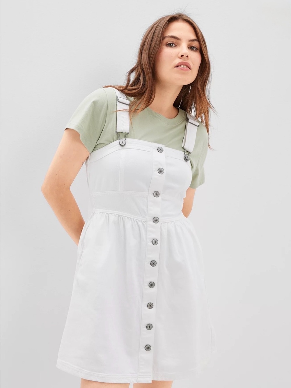 American Eagle Button Front Denim Overall Mini Dress White XS